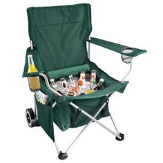 a green folding chair with drinks in it