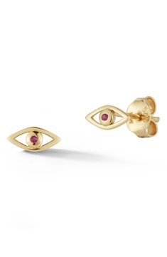 These eye-shaped studs are centered by a semiprecious stone to bring dainty sparkle to your look. 0.3" x 0.15" Post back 14k gold/ruby or sapphire or emerald Made in Turkey Nordstrom Jewelry, Earrings In Gold, Evil Eye, Semiprecious Stones, Nordstrom Rack, Ruby, Emerald, Sapphire, Fine Jewelry