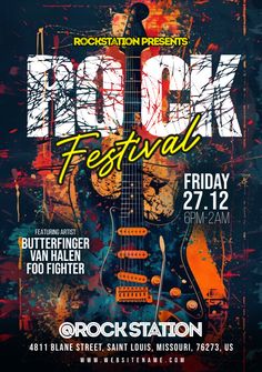 the rock festival poster with an image of a guitar on it's back ground