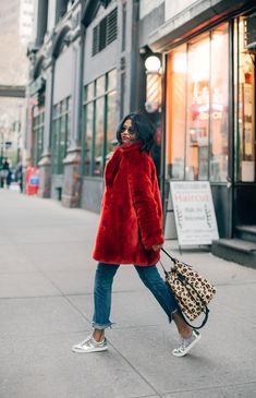 Red Sherpa Jacket Outfit, Red Coat Outfit Winter, Red Coat Outfit, Red Faux Fur Coat, Red Fur Coat, Faux Fur Coats Outfit, Walk In Wonderland, Ripped Jeans Style