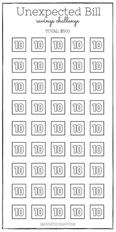 a printable sheet with the words unexpected bill and ten to ten numbers on it