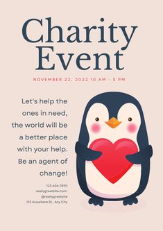 a penguin holding a heart with the words charity event on it's back ground