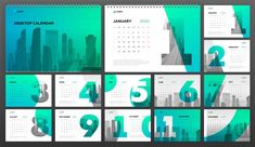 a set of calendars with numbers in the style of modern cityscape illustration