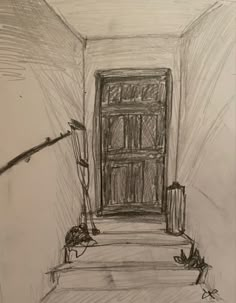 a pencil drawing of an open door in a room with stairs leading up to it