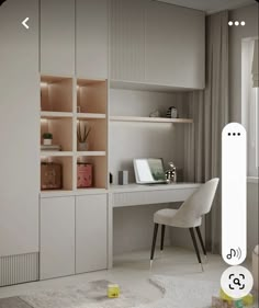 a white desk and chair in a small room with shelves on the wall behind it