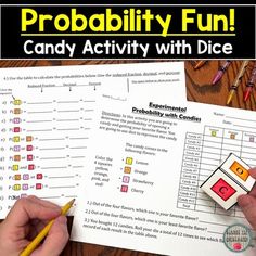 two hands holding pencils over a candy activity with dice