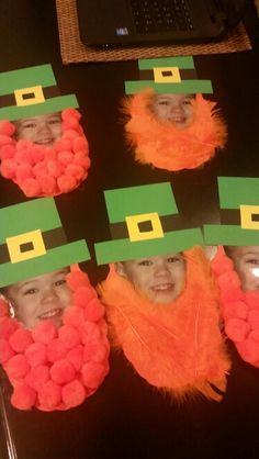 a group of kids wearing st patrick's day hats and orange pom poms