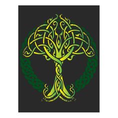 the celtic tree of life symbol is shown in green and yellow on a black background