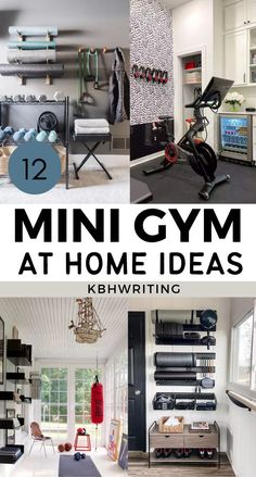 the inside of a home gym with text overlay that reads 12 mini gym at home ideas