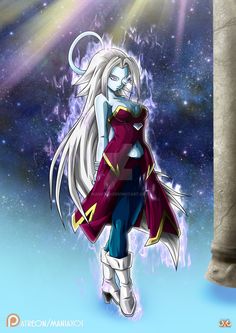 an anime character with long white hair standing in front of a blue sky and stars