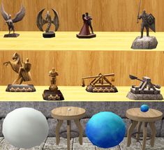 several different types of figurines sitting on shelves