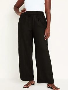 High-Waisted Linen-Blend Wide-Leg Pants | Old Navy Comfortable Elevated Casual Bottoms, Versatile Black Pull-on Pants, Elevated Casual Solid Pull-on Bottoms, Solid Color Pants With Pull-on Style And Relaxed Fit, Comfortable Solid Color Pull-on Pants, Relaxed Fit Pants With Pull-on Style, Comfortable Solid Pull-on Style Pants, Relaxed Fit Pull-on Solid Pants, Relaxed Fit Wide Leg Pants With Pull-on Style