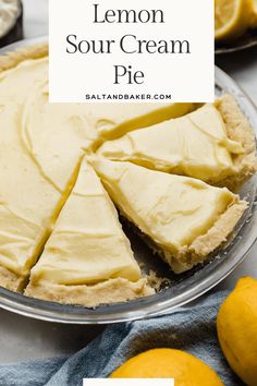 a lemon sour cream pie is shown with the crust cut out and ready to be eaten