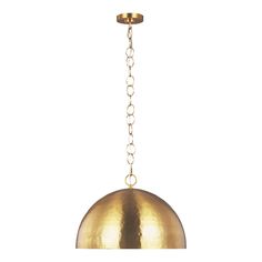 a brass colored pendant light hanging from a chain