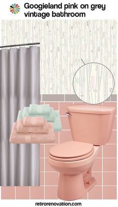 a bathroom with pink and grey decor on the walls, toilet and shower curtain in it