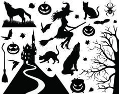 black and white halloween silhouettes with pumpkins, jack - o'- lanternes, bats, cats, witches