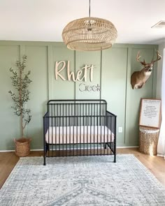 a baby's room with a crib, rug and deer head on the wall