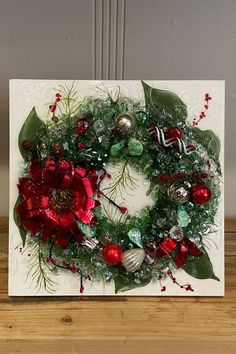 Christmas Wreath Glass Art Glass Epoxy Art, Resin Glass Art, Shattered Art, Art Shattered, Christmas Resin, Christmas Wreaths With Lights, Resin Christmas