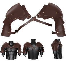 three different types of leather armor on mannequins, one in brown and the other in black