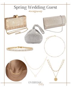 the spring wedding guest's accessories are shown in gold, silver and white colors