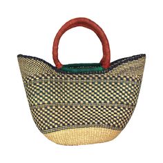 For carrying more than the essentials. A large and spacious bag, the Large Woven and Leather basket is ideal for days out. Crafted from natural fibers sourced, made in Ghana with contrast leather straps and a spacious basket. Easy to fold and pack away - it springs back into shape. Comes in assorted colors and patterns. Features: Spacious design allows for versatile use in carrying or storing a variety of items. Hand crafted in Africa from natural woven materials, paired with durable, round leat Modern Bags With Leather Handles For Market, Modern Handwoven Natural Bag, Modern Handwoven Straw Bag For Everyday Use, Modern Handwoven Natural Straw Bag, Modern Natural Woven Bags, Modern Woven Bag In Natural Color, Modern Woven Bucket Bag For Shopping, Basket-shaped Woven Leather Bucket Bag For Shopping, Basket-shaped Bucket Bag With Woven Leather For Shopping