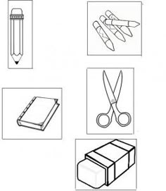 four different types of scissors, pencils, and bookmarks are shown in this diagram