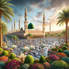 a painting of a large mosque surrounded by palm trees