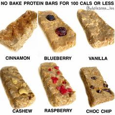 six different types of granola bars are shown in this image, with the names below them