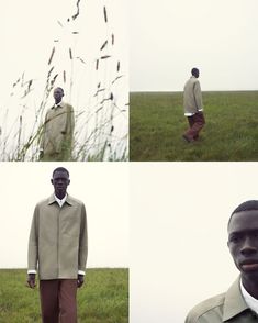 three different shots of a man standing in the middle of a field with tall grass