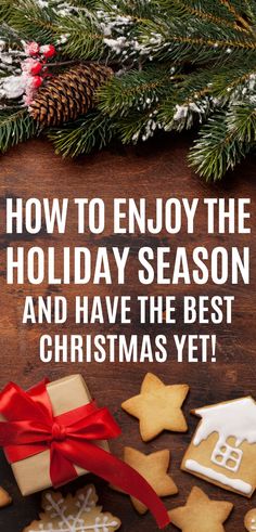 a wooden table topped with cookies and christmas decorations on top of it's side