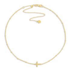 A bold statement of faith, a dynamic sideways cross shimmers powerfully in the center of this timeless women's choker necklace. Fashioned in 14K yellow gold, the adjustable 15-inch cable chain secures in place with a lobster clasp. Statement Of Faith, Cross Choker Necklace, Women Choker Necklace, Cross Choker, Jared The Galleria Of Jewelry, Womens Chokers, Cable Chain, Things To Buy, Lobster Clasp