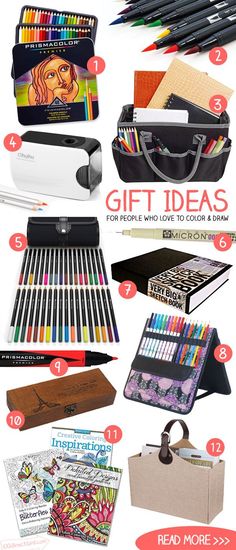 the gift guide for people who love to color and draw includes pencils, markers, pens, books, etc