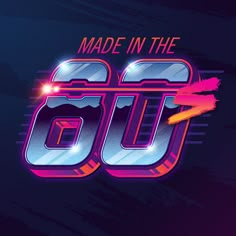 the logo for made in the 80's with neon colors and an arrow on it