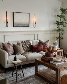 a living room filled with furniture and a potted plant on top of a table