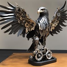 an eagle sculpture sitting on top of a wooden table next to a clock and wheels