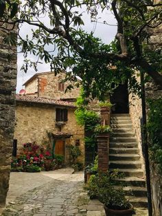 an old stone house with stairs leading up to the front door and flowers in pots