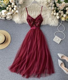 Fashion dress A line v neck tulle sequins dress summer dressFabric: tulleColor: burgundy, white, champagne, pink, blackSize(cm): free sizeS length 117 bust 70-100 waist 60-80 Pink And White Dress, Pink Dress Women, Sequins Dress, Beaded Tulle, Resort Dresses, Empire Dress, Romantic Dress, Cocktail Party Dress, Tulle Wedding