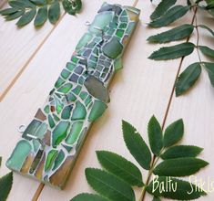 a piece of glass sitting on top of a wooden table next to leaves and plants