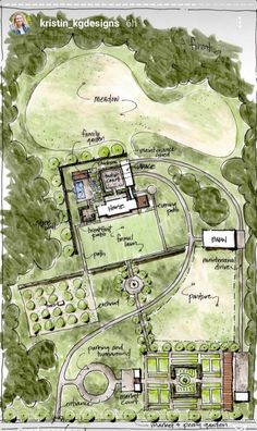 a drawing of a garden with lots of trees and plants on it, including the ground plan