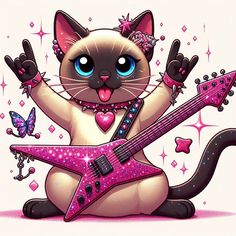 a siamese cat with a pink guitar and butterflies on its neck, sitting in front of a white background