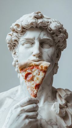 a statue holding a slice of pizza to its mouth