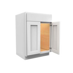 an open cabinet door on a white wall