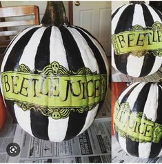 two black and white striped pumpkins with the words beetlejuice painted on them