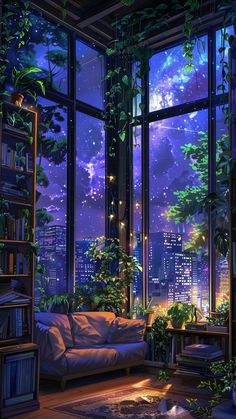 a living room filled with furniture and lots of windows covered in greenery at night