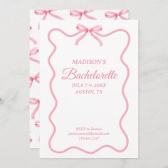 a pink and white wedding card with bows