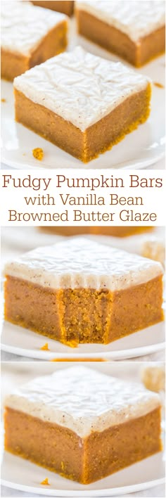 four different views of fudge pumpkin bars with vanilla bean brownie butter glaze