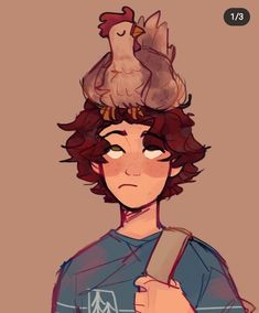 a drawing of a boy with two birds on his head