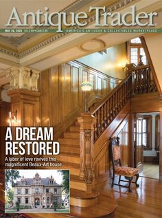 the front cover of antique trader magazine, featuring a staircase and wooden paneled walls