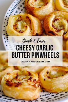 cheesy garlic butter pinwheels on a white plate with text overlay