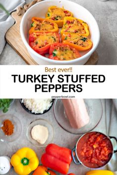 the best ever turkey stuffed peppers are in bowls and ready to be served with sauces